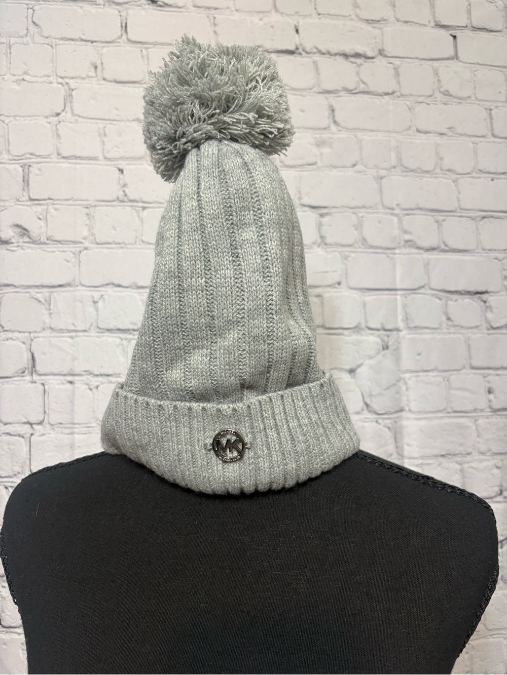 Gray Knit Pom Beanie with Logo Pin